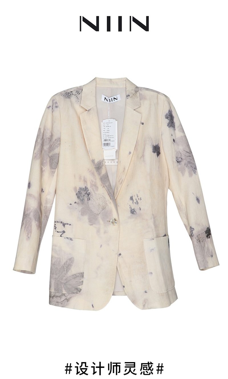 New Chinese style landscape painting style linen casual loose one-button suit jacket - เสื้อสูท/เสื้อคลุมยาว - วัสดุอื่นๆ 