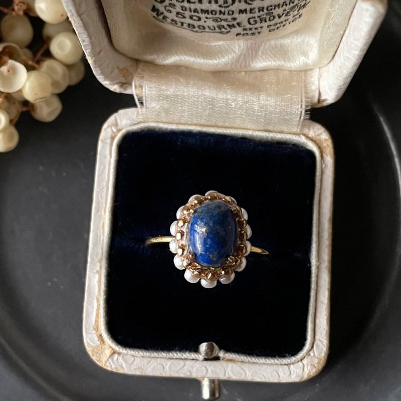 Surgical stainless Stainless Steel lapis lazuli and vintage pearl oval ring/metal allergy friendly/December birthstone - แหวนทั่วไป - เครื่องเพชรพลอย สีน้ำเงิน