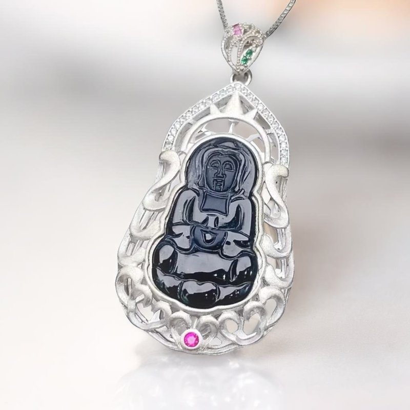 Ink Jade Guanyin Bodhisattva Necklace 925 Sterling Silver | Natural Burmese Jade A-grade | Gift - Necklaces - Jade Black