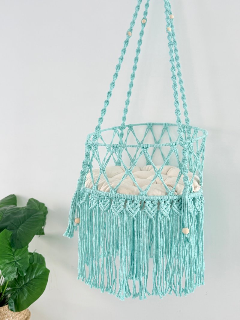 Baby藍 手工編織貓窩 貓吊籃 貓床 買就送貓玩具球 - 寵物床 - 棉．麻 藍色