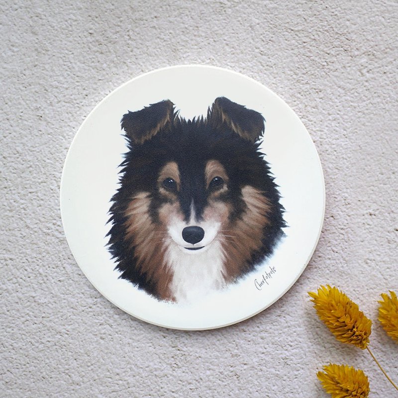 Watercolor Style Pet Portrait Coaster (Tricolor Shetland) - Other - Pottery White