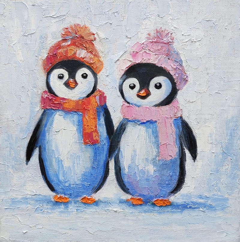 Couple Cute Penguins Original Painting Bird Wall Art Animal Artwork, 手工油畫 油畫原作 - Posters - Other Materials Multicolor