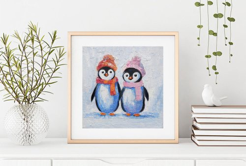 カップルかわいいペンギンオリジナル絵画鳥壁アート動物アート