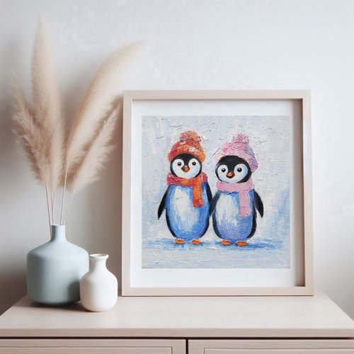 カップルかわいいペンギンオリジナル絵画鳥壁アート動物アート