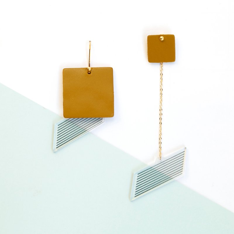 handmade original design green triangle 925 pure silver gold plated earring - Earrings & Clip-ons - Genuine Leather Yellow
