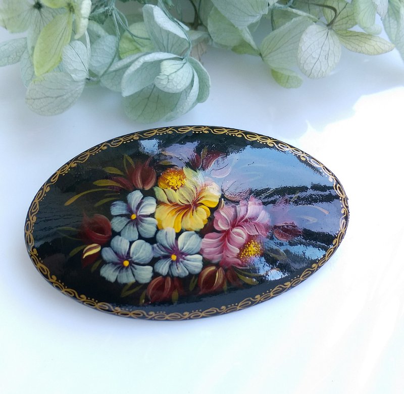 Vintage Jewelry 西洋古董飾品 俄羅斯手繪 優美 群花 別針 - 徽章/別針 - 其他金屬 金色