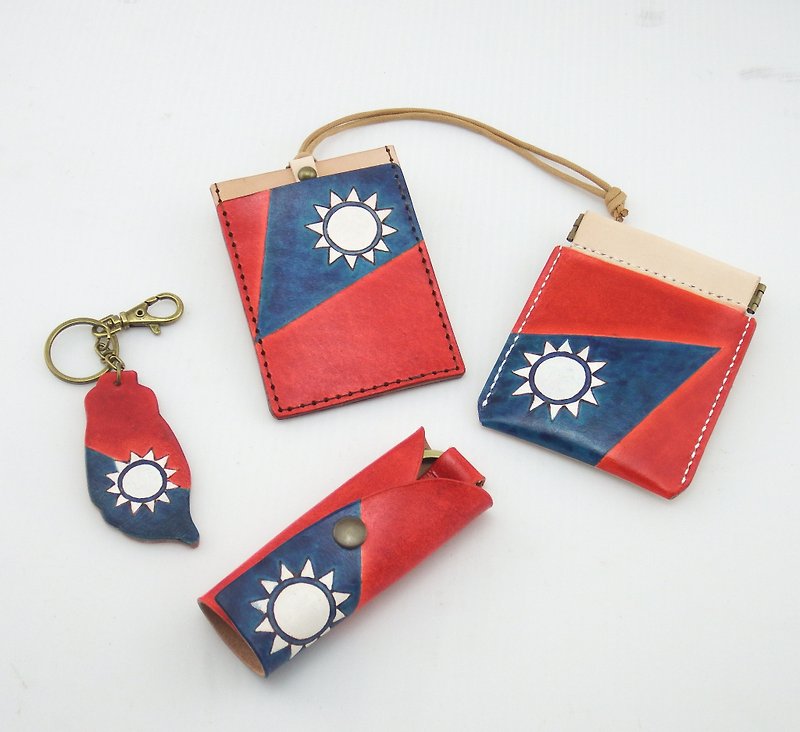 Hand-made vegetable tanned leather national flag card holder identification card key bag coin purse key ring charm - ที่ใส่บัตรคล้องคอ - หนังแท้ สีแดง