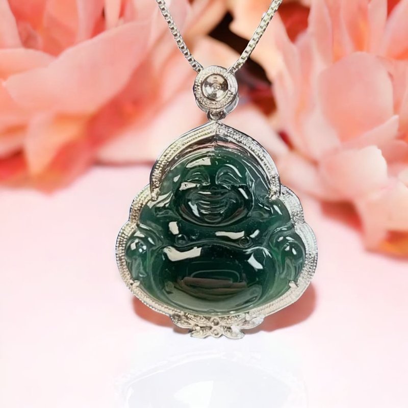 Ice type old blue water jadeite Maitreya Buddha necklace 18K gold diamond inlaid | natural A grade jadeite | gift - Necklaces - Jade Green