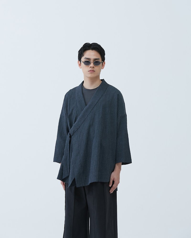 3/4 Sleeve Texture Robe - เสื้อโค้ทผู้ชาย - ผ้าฝ้าย/ผ้าลินิน สีเทา