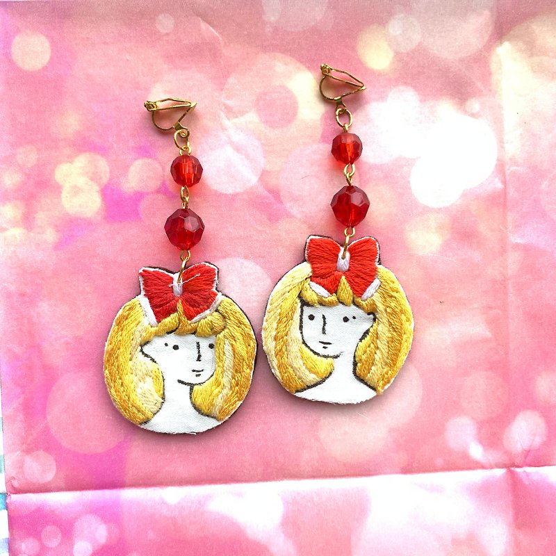Red Ribbon Little Me - painted Embroidered Earrings - ต่างหู - งานปัก สีแดง