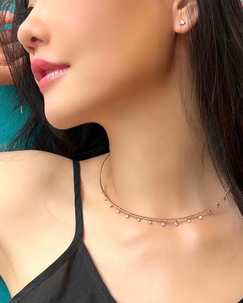天然鑽石 頸鏈 鎖骨鏈 頸圈 • 18K玫瑰金泡泡鑽石choker - 手鍊/手環 - 石頭 白色