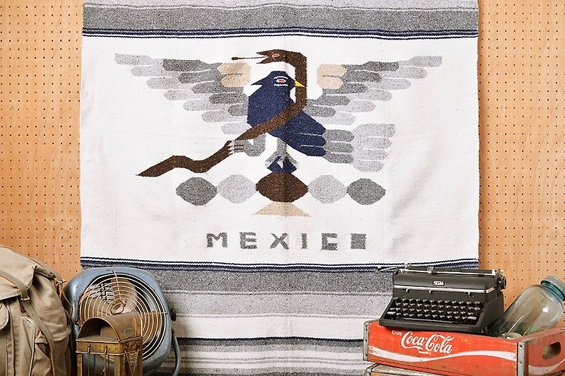 ヴィンテージメキシコ手織りカーペット - 灰色のグラデーションのトーテム - 毛布・かけ布団 - コットン・麻 グレー