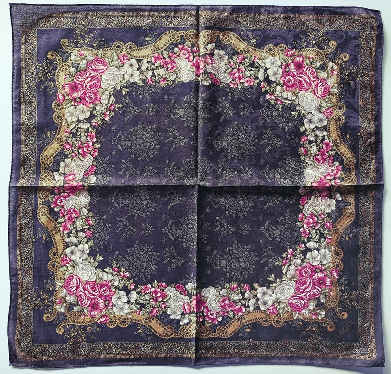 Lancetti Vintage Silk Scarf - Floral Baroque Motif Design 23 x 23 inches - 手帕 - 棉．麻 藍色