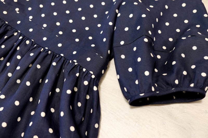 Round neck puffy sleeves long dress/dark blue dots - One Piece Dresses - Cotton & Hemp Blue