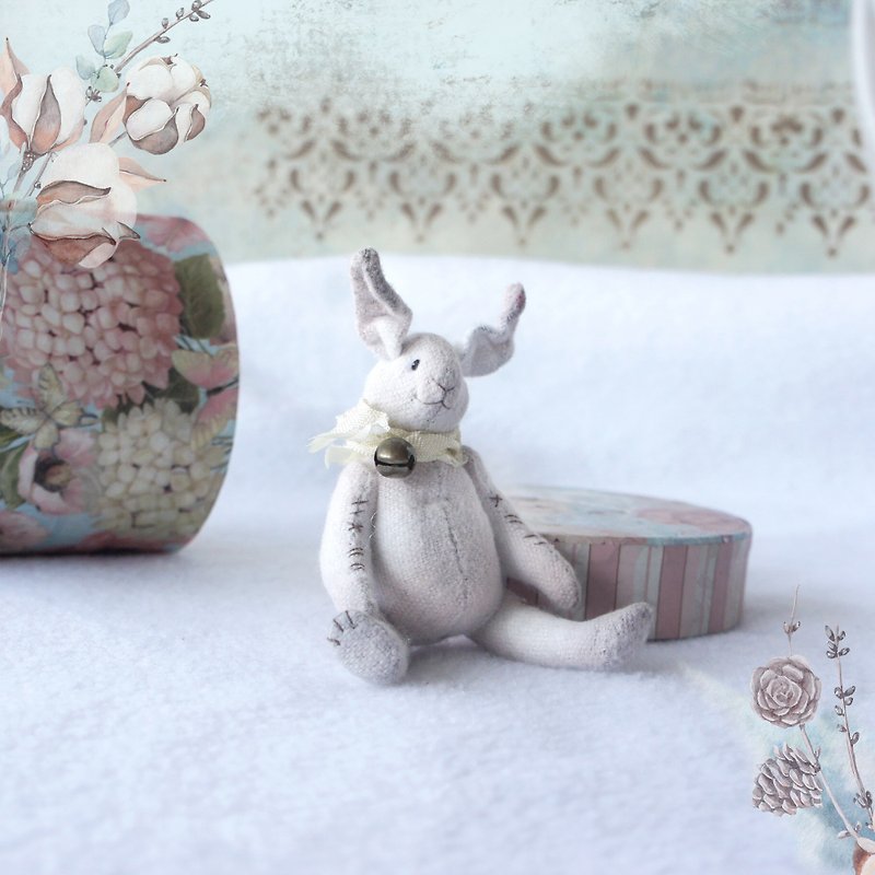 Teddy Bunny collectible art miniature, Adorable animal toy, Bunny Rabbit Doll - Stuffed Dolls & Figurines - Cotton & Hemp White