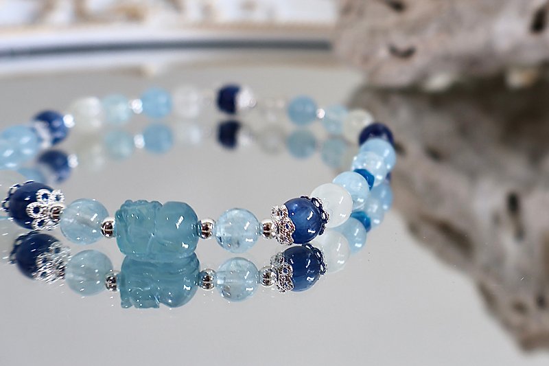 Stone Aquamarine Moonstone Pixiu Blue Agate│Mining Crystal Bracelet - Bracelets - Crystal Blue