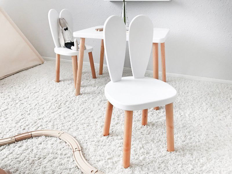 Set 1 or 2 bunny chair and 1 table, bunny chair, wooden chair bunny - Kids' Furniture - Wood White