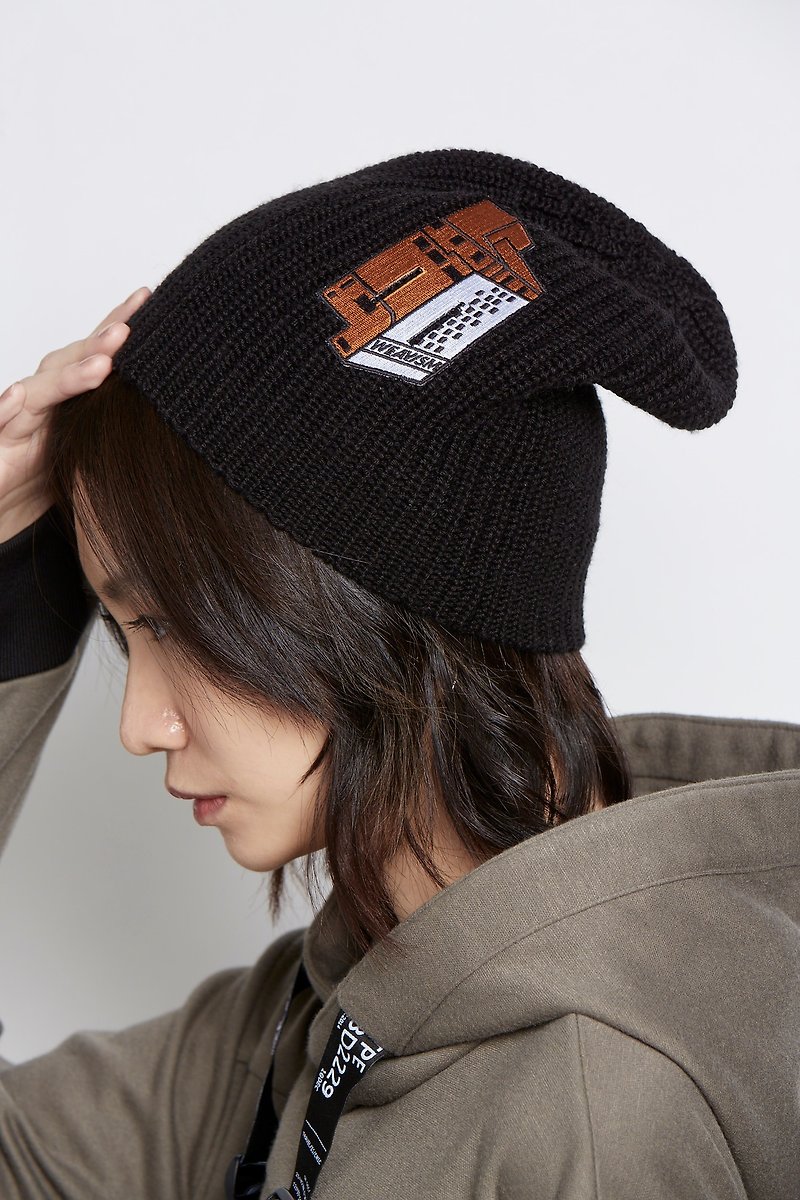 WEAVISM [Limited Clearance] Small House Design Black Wool Hat Orange Embroidery - Hats & Caps - Wool Black
