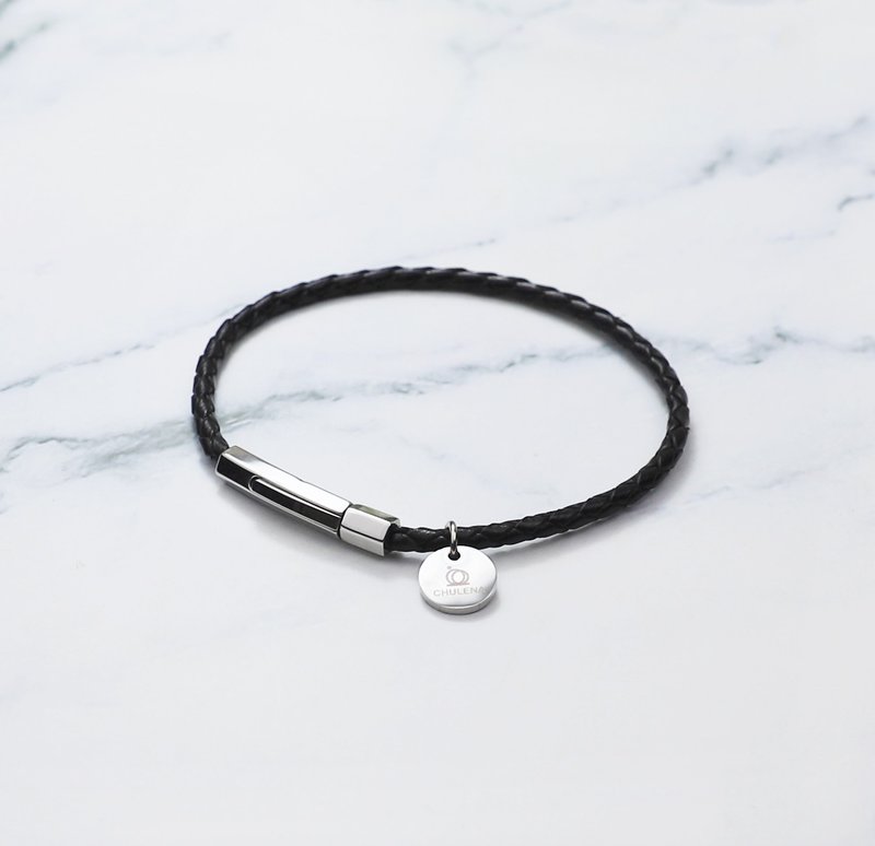 [Customized] Single circle hexagonal column braided leather rope bracelet (7 colors) / Customized engraving / Couple bracelet - Bracelets - Genuine Leather White