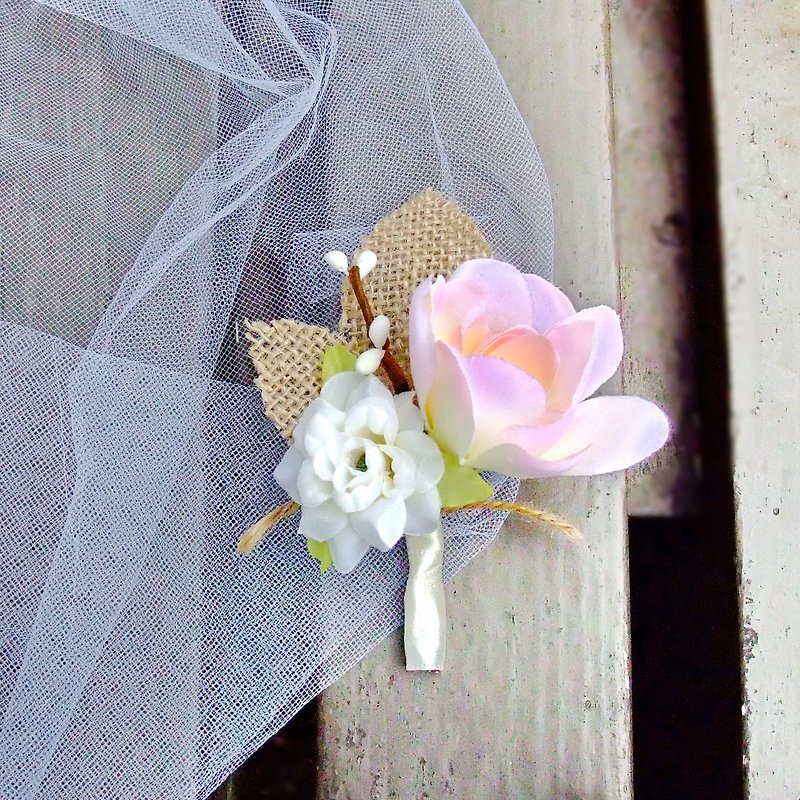 Wedding Boutonniere Silk Wedding Boutonniere Groom buttonhole, Groomsmen B010 - เข็มกลัด/ข้อมือดอกไม้ - ผ้าไหม สึชมพู