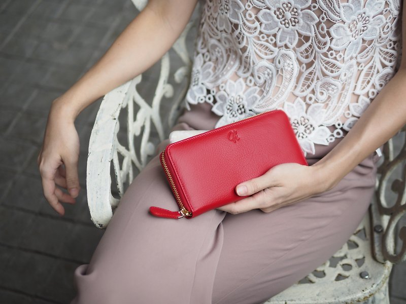 Classic wallet (Berry red) : Long zip wallet, cow leather - กระเป๋าสตางค์ - หนังแท้ สีแดง