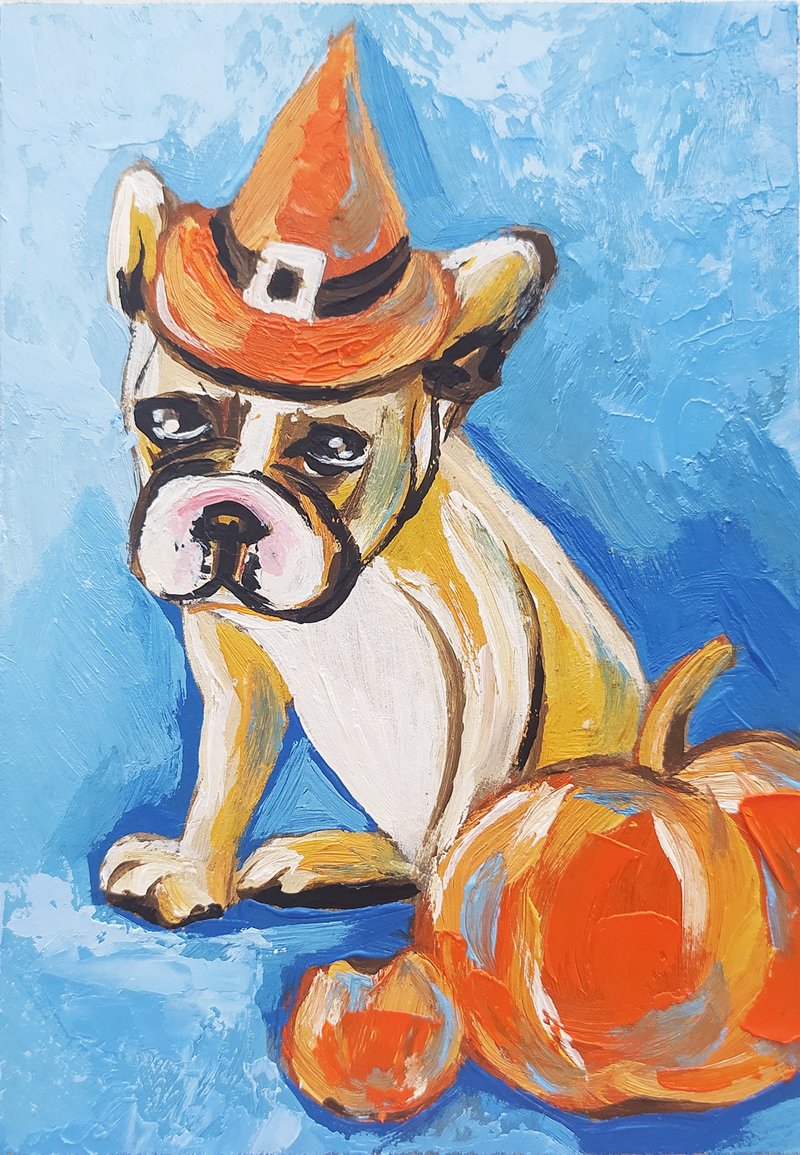 Dog art oil painting portrait bulldog art animal impasto original work pumpkins - 壁貼/牆壁裝飾 - 其他材質 藍色