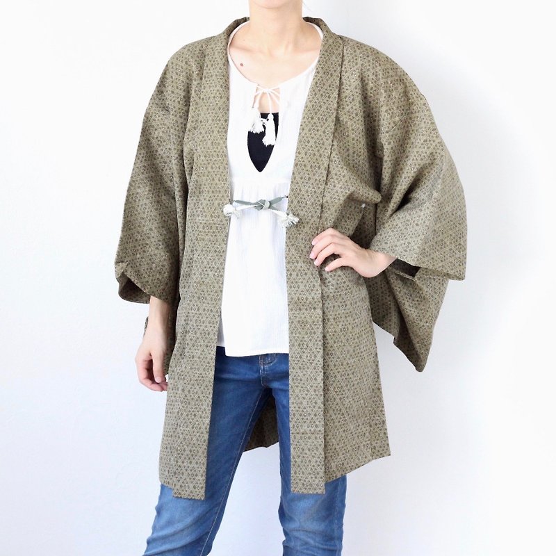 geometric haori, kimono, kimono jacket, vintage wear, vintage haori /3983 - เสื้อแจ็คเก็ต - เส้นใยสังเคราะห์ สีเขียว