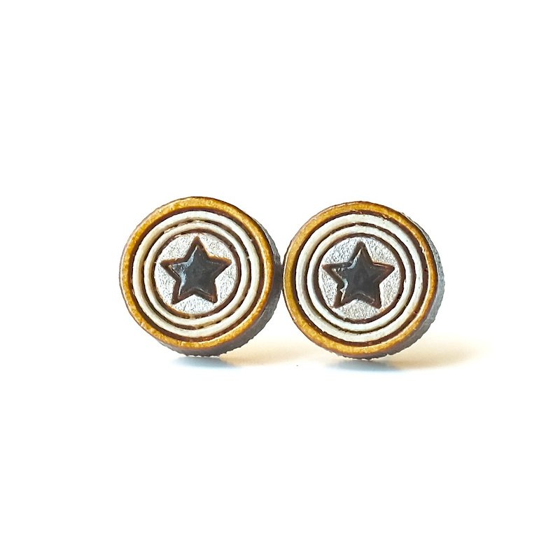 Painted wood earrings-Round Star - ต่างหู - ไม้ สีดำ