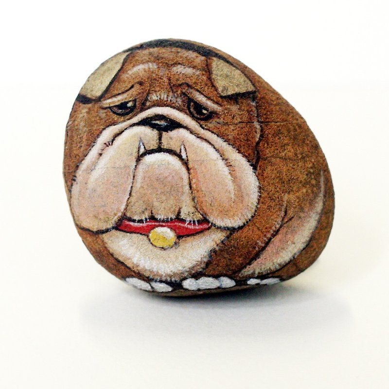 Bulldog stone painting.art for gift. - 公仔模型 - 石頭 咖啡色