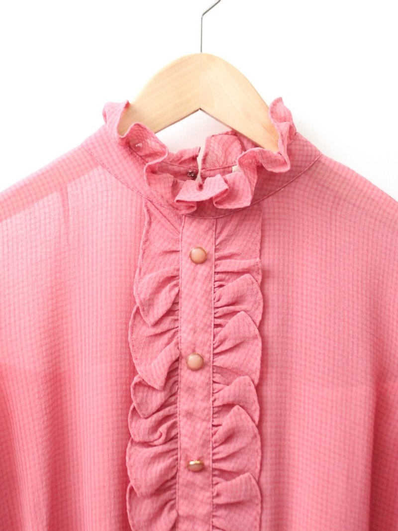 Vintage Dress 復古淘氣粉紅色格紋長袖古著洋裝-特 - 洋裝/連身裙 - 聚酯纖維 粉紅色