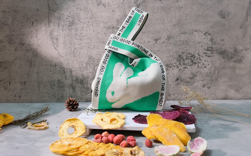 [Heguo] Mid-Autumn Moon Rabbit Comprehensive Dried Fruit Knitted Bag - Teal(With Teacher's Day Card) - ผลไม้อบแห้ง - ผ้าฝ้าย/ผ้าลินิน สีเขียว