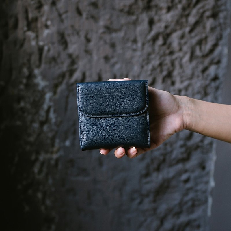 [Gift Box] Genuine Leather Simple Mini Short Clip X0081 Blue - Wallets - Genuine Leather Blue