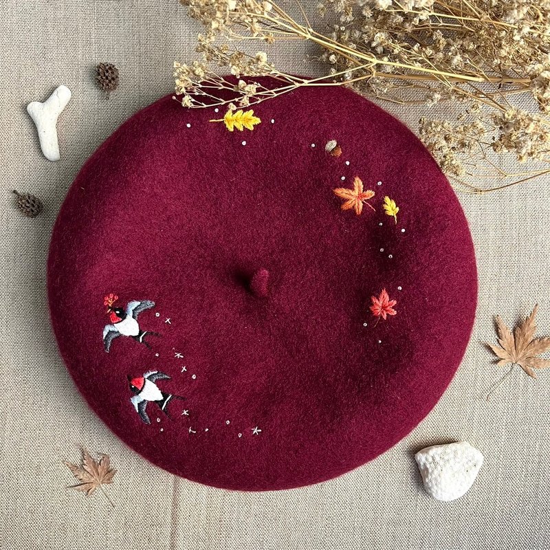 Hand embroidered beret with flying swallows and autumn maples - Hats & Caps - Wool Red