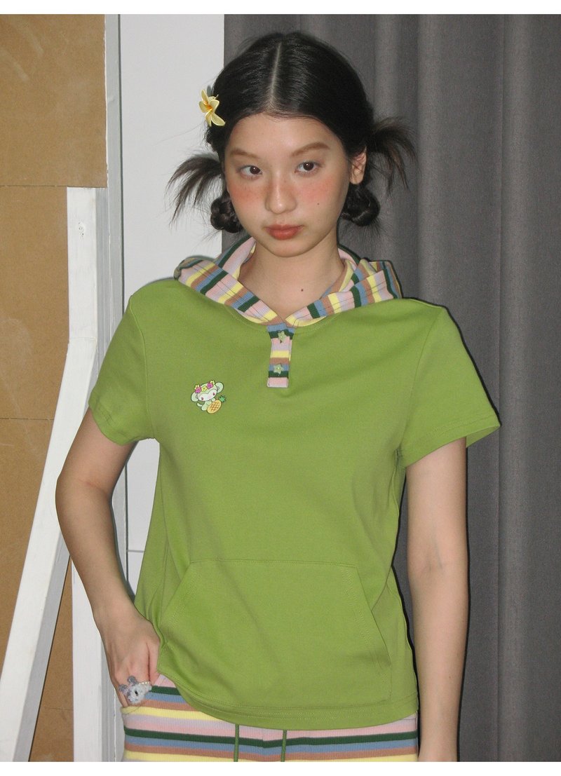 oddmaker*鳥鳥一連帽波點印花短袖T恤女夏季正肩寬松條紋拼色上衣 - 女 T 恤 - 棉．麻 
