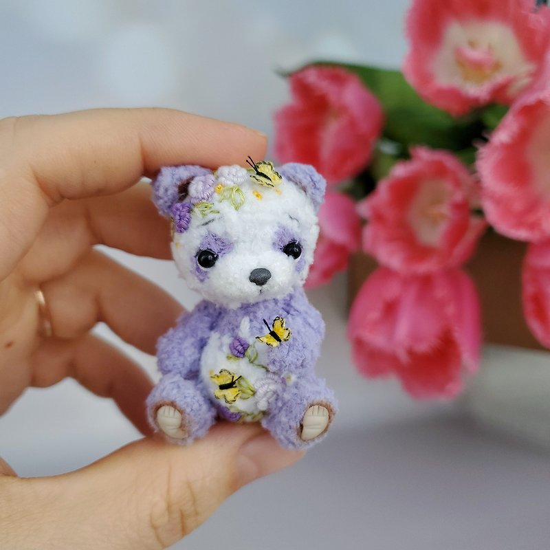 Mini softy lavander teddy bear panda. Dollhouse miniature. Doll pet. Animal - Stuffed Dolls & Figurines - Cotton & Hemp Purple