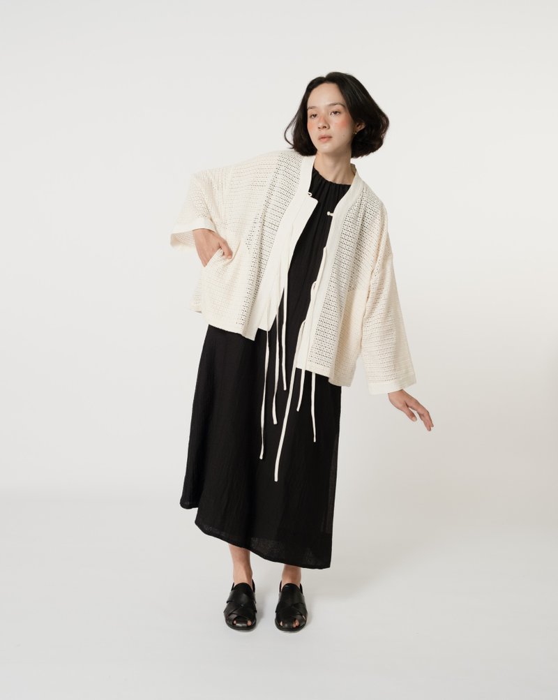 Memory Knot Outer (Grid Eyelet) - เสื้อแจ็คเก็ต - ผ้าฝ้าย/ผ้าลินิน ขาว