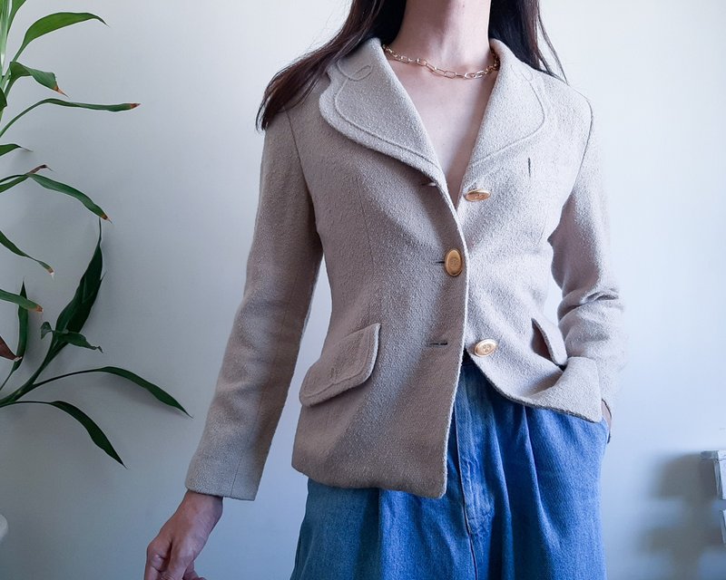 LOUIS FÉRAUD Vintage Beige Wool Blazer Jacket Scallop Collar Made in Japan - เสื้อสูท/เสื้อคลุมยาว - ขนแกะ สีกากี