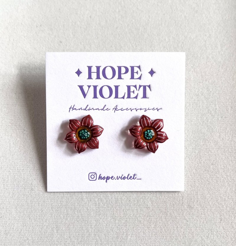 金屬色復古紅色花朵耳環- Metallic Red Flowers Earrings - 耳環/耳夾/耳骨夾 - 樹脂 紅色