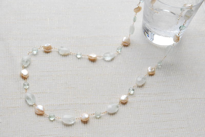 Resale 2 types of fluorite and pearl cider-like long necklace 14kgf - สร้อยคอ - เครื่องประดับพลอย สีเขียว