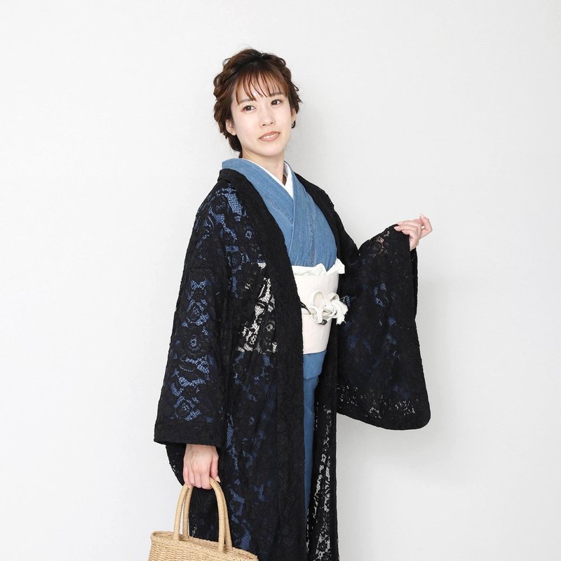 Lace Haori Kimono Coat Haori Outerwear Free Size Black Single Item - Unisex Hoodies & T-Shirts - Cotton & Hemp Black