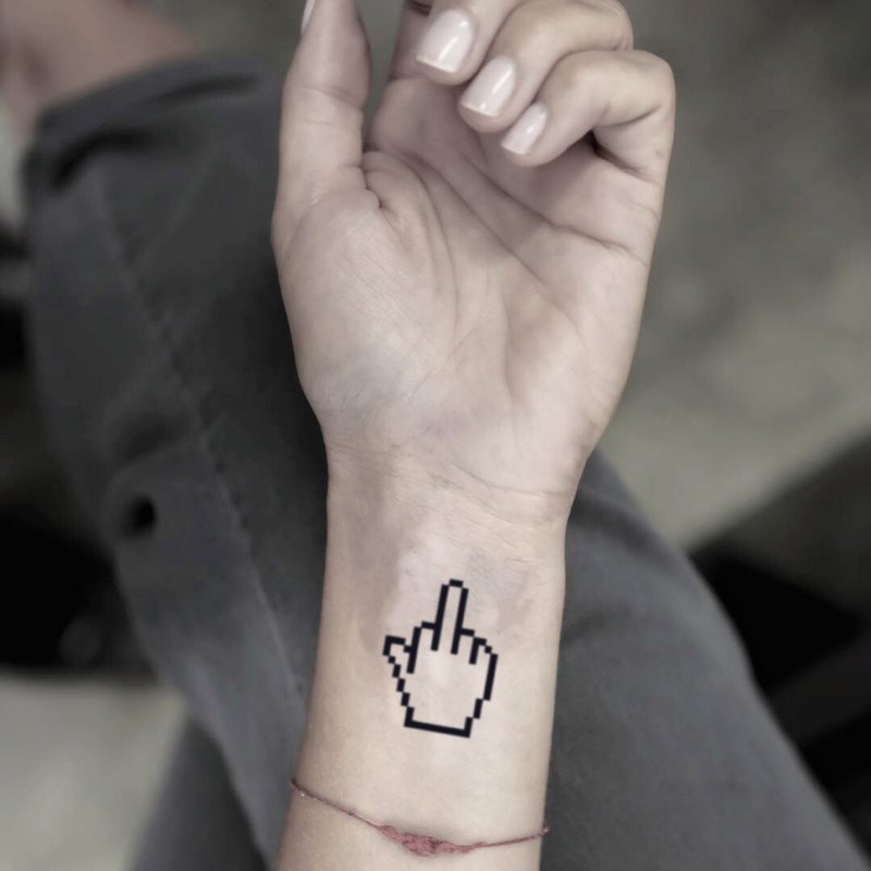 OhMyTat 8位像素點中指 8-bit Middle Finger 刺青紋身貼紙 (2張) - 紋身貼紙/刺青貼紙 - 紙 黑色