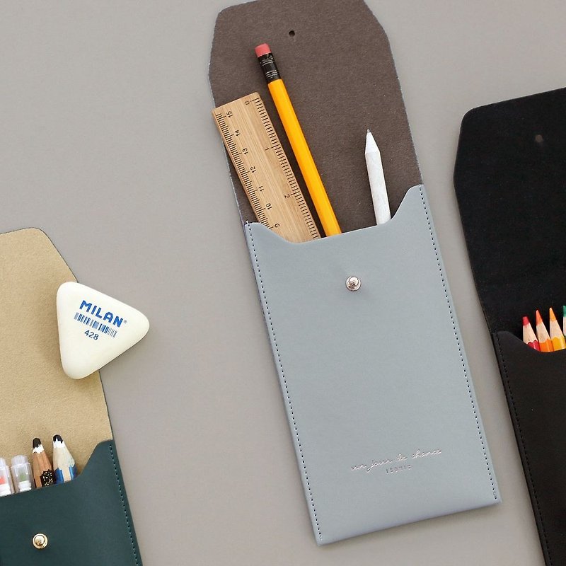 ICONIC staff simple simple solid color leather pencil case - iron gray blue, ICO51555 - กล่องดินสอ/ถุงดินสอ - หนังแท้ สีน้ำเงิน