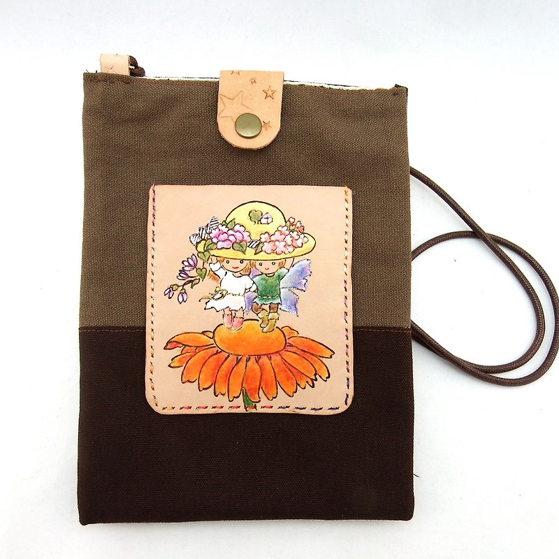 皮革布背包 向日葵小孩 - 側背包/斜孭袋 - 真皮 咖啡色