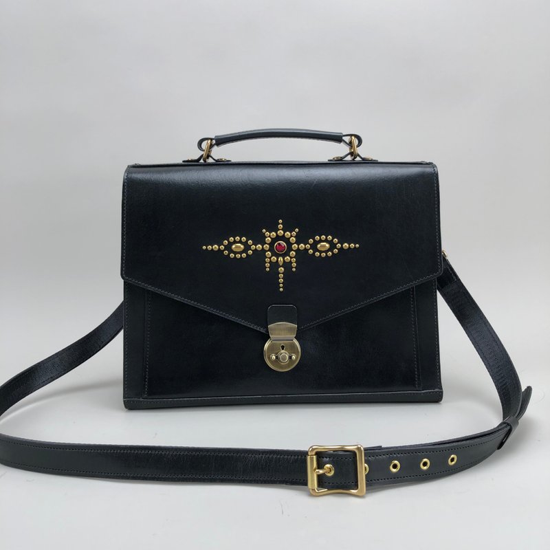 [Cross-body bag] leather portable cross-body bag/ Italian vegetable tanned leather/ Bronze studs/ - Handbags & Totes - Genuine Leather 