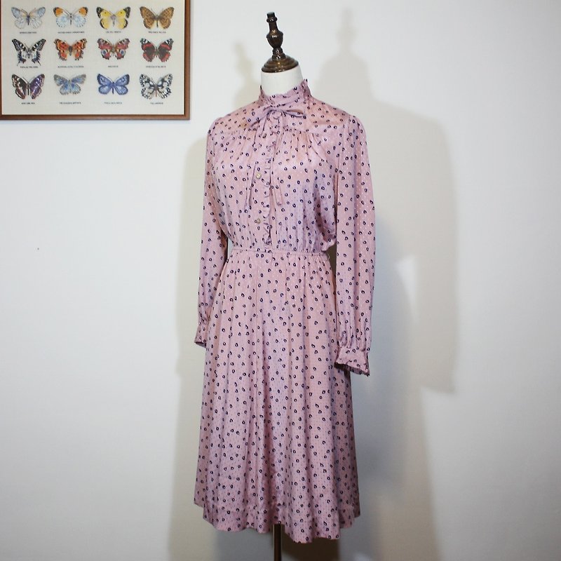 Japanese washing standard (Vintage Japanese vintage dress) pink blue circle long-sleeved dress F3532 - One Piece Dresses - Other Man-Made Fibers Pink