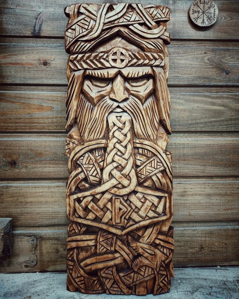 Thor. Idol of Thor.wood wall panel Thor. Mjolnir. Hammer of Thor. Thor hammer. I - ตกแต่งผนัง - ไม้ สีนำ้ตาล