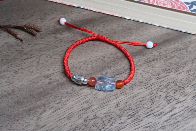 Aquamarine six-character mantra natal year of the rabbit s925 Silver red rope to ward off evil spirits - Bracelets - Gemstone Red