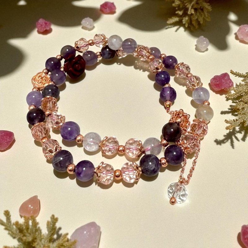 紫雨薔薇手鍊 紫水晶 白水晶 紅瑪瑙花雕珠 粉紫切割珠 雙圈設計 - 手鍊/手環 - 水晶 紫色