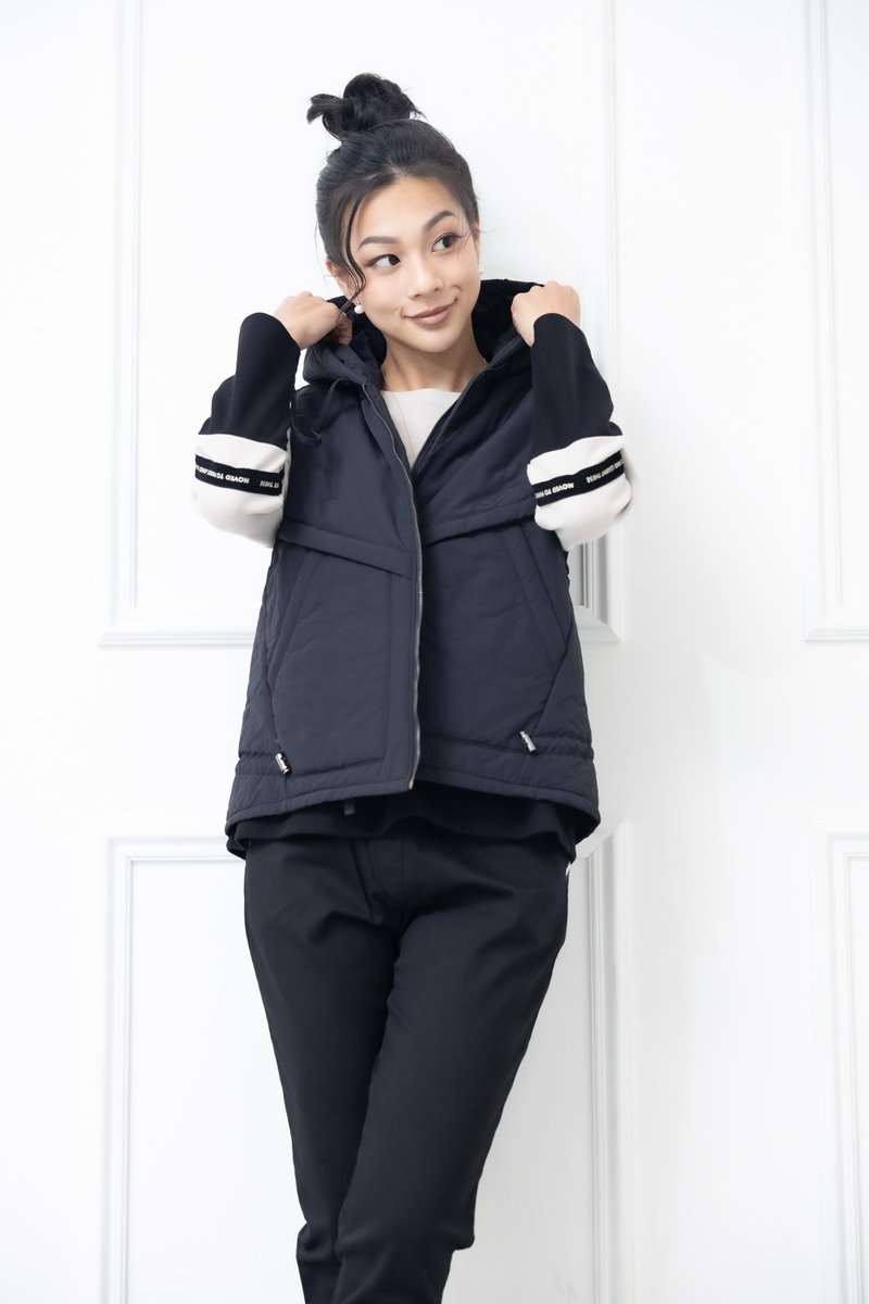 斜口袋抽繩連帽背心 黑色 - 背心/無袖上衣 - 其他材質 黑色