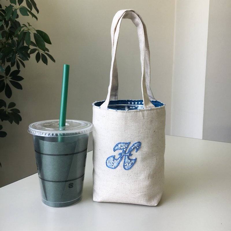 Cafe Bag Initial H Mini Tote - กระเป๋าถือ - ผ้าฝ้าย/ผ้าลินิน ขาว
